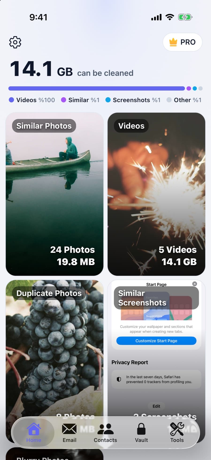 CleanX home screen showing the space that can be cleaned, grouped into similar photos, videos, duplicates and screenshots