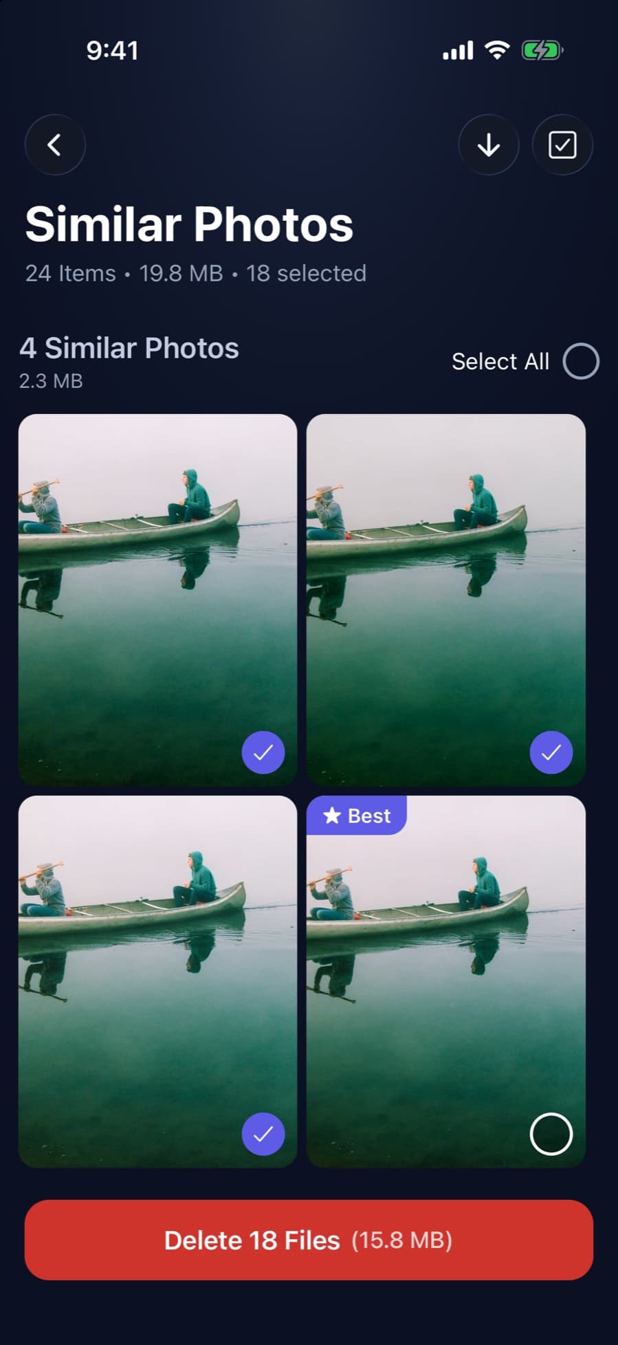 CleanX similar photos screen with the best shot kept and the lookalikes selected for deletion